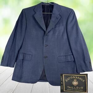 FACONNABLE TAILLEUR Sport Coat Silk Wool Blazer Blue Check Made Italy Mens 42R
